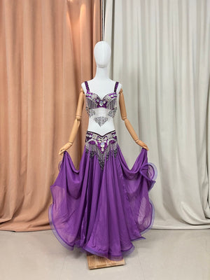 Belly Dance Costume Women's Purple Sequin Beaded Fringe Bra and Skirt Set, Chiffon Performance Outfit