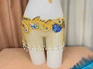 Women's Gold & Blue Sequin Embellished Fringe Belly Dance Costume Set