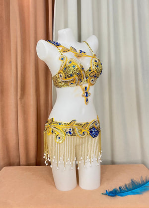 Women's Gold & Blue Sequin Embellished Fringe Belly Dance Costume Set
