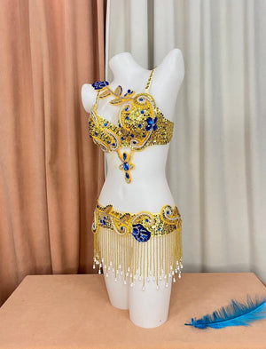 Women's Gold & Blue Sequin Embellished Fringe Belly Dance Costume Set