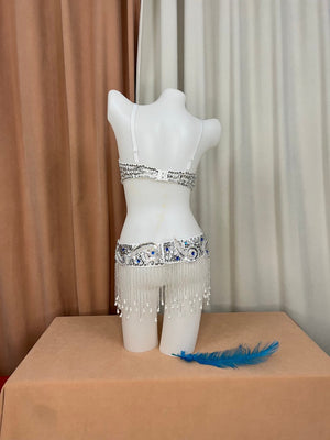 Belly Dance Costume Women's Blue & Silver Sequin Beaded Bra & Hip Scarf Set with Fringe & Droplets, Professional Performance Wear
