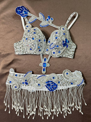 Belly Dance Costume Women's Blue & Silver Sequin Beaded Bra & Hip Scarf Set with Fringe & Droplets, Professional Performance Wear