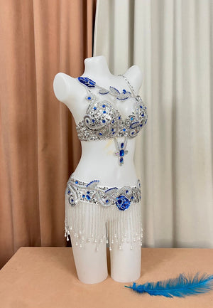 Belly Dance Costume Women's Blue & Silver Sequin Beaded Bra & Hip Scarf Set with Fringe & Droplets, Professional Performance Wear