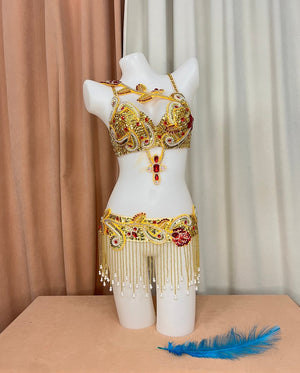 Women's Gold and Red Sequin Beaded Fringe Belly Dance Costume Set