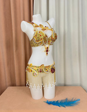 Women's Gold and Red Sequin Beaded Fringe Belly Dance Costume Set