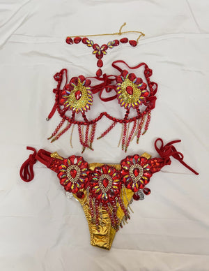 Belly Dance Costume Women's Red & Gold Beaded Crystal Rhinestone Halter Top & Hip Scarf Set, Tribal Fusion Dancewear