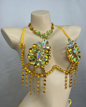 Belly Dance Costume, Women's Yellow & Gold Rhinestone Beaded Bra & Belt Set, Cabaret/Carnival Dancewear