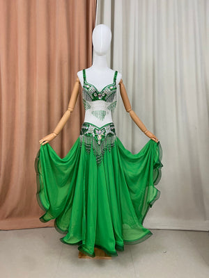 Belly Dance Costume Women Black Sequin Beaded Fringe Bra & Skirt Set Chiffon Performance Wear