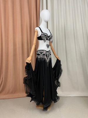 Belly Dance Costume Women Black Sequin Beaded Fringe Bra & Skirt Set Chiffon Performance Wear
