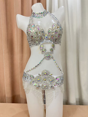 Belly Dance Costume Women's White Sequin Rhinestone Beaded Halter Bra Top and Belt Set with Fringe