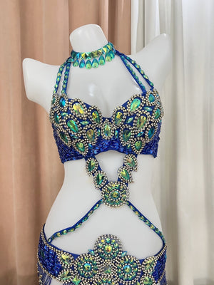 Belly Dance Costume Womens Blue & Green Embellished Sequin & Bead Bra Top with Matching Hip Belt and Choker, Halter Style