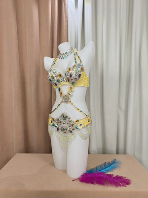 Belly Dance Costume, Women's Yellow Sequin & Rhinestone Embellished Halter Bra and Hip Scarf Set, Professional Performance Outfit