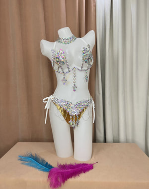 Belly Dance Costume, Women's White and Gold Sequin and Rhinestone Bra and Hip Scarf Set, Carnival Dance