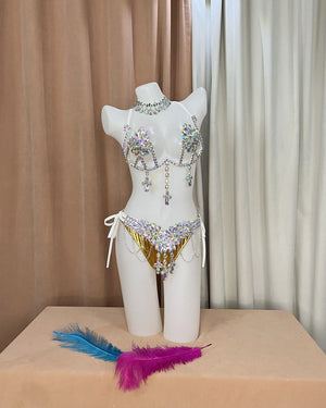 Belly Dance Costume, Women's White and Gold Sequin and Rhinestone Bra and Hip Scarf Set, Carnival Dance