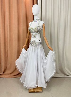 Women's White Sequin & Rhinestone Halter Neck Belly Dance Dress with Chiffon Skirt