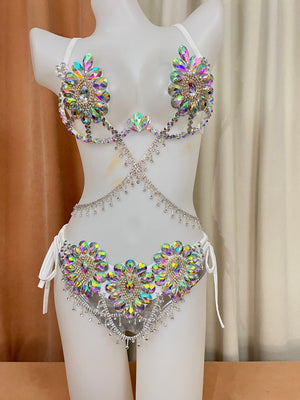 Rhinestone Crystal Embellished Women's White Bikini Top & Bottom Set with Draped Chains, Belly Dance Costume