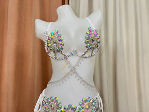 Rhinestone Crystal Embellished Women's White Bikini Top & Bottom Set with Draped Chains, Belly Dance Costume