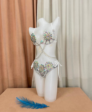 Rhinestone Crystal Embellished Women's White Bikini Top & Bottom Set with Draped Chains, Belly Dance Costume
