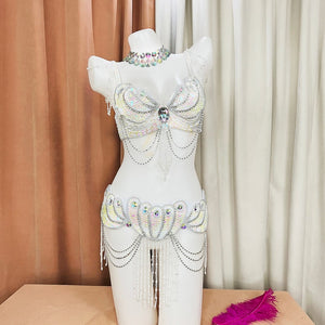 Belly Dance Costume, Women's Blue Sequin & Bead Embellished Mermaid Shell Bra and Hip Scarf Set, Tribal Fusion Dancewear