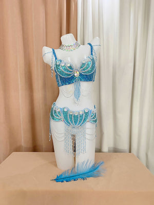 Belly Dance Costume, Women's Blue Sequin & Bead Embellished Mermaid Shell Bra and Hip Scarf Set, Tribal Fusion Dancewear
