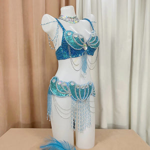 Belly Dance Costume, Women's Blue Sequin & Bead Embellished Mermaid Shell Bra and Hip Scarf Set, Tribal Fusion Dancewear