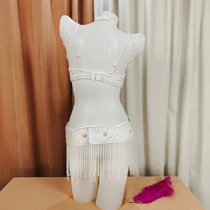 Belly Dance Costume, Women's Blue Sequin & Bead Embellished Mermaid Shell Bra and Hip Scarf Set, Tribal Fusion Dancewear