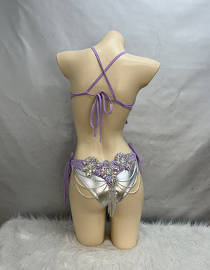 Belly Dance Costume, Women's Lavender Sequin & Rhinestone Halter Bra and Hip Scarf Set, Tribal Fusion Dancewear