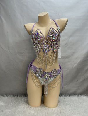 Belly Dance Costume, Women's Lavender Sequin & Rhinestone Halter Bra and Hip Scarf Set, Tribal Fusion Dancewear