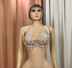 Bikini Top Women's White Iridescent Rhinestone Crystal Embellished Halter Neck Dance Bra