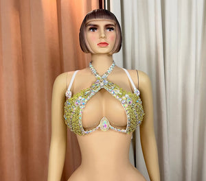 Dance Bra Women's Gold Iridescent Rhinestone Beaded Halter Top
