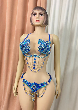 Dancewear Women's Blue Embellished Rhinestone and Beaded Two-Piece Set with Peacock Motif - Belly Dance/Carnival