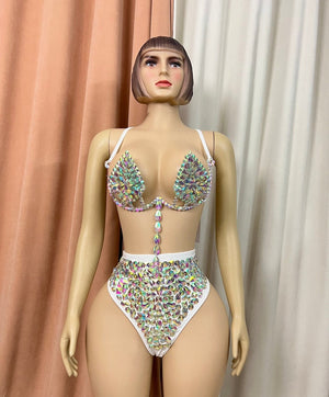 Women's White Iridescent Crystal Embellished Two-Piece Lyrical Dance Costume - Bra Top and High-Waist Briefs