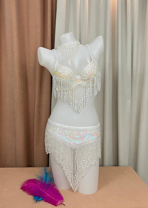 Women's Silver Sequin Beaded Fringe Belly Dance Bra Top and Skirt Set, Choker Necklace Included