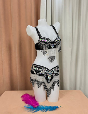 Belly Dance Costume, Women's Black & Silver Beaded Sequin Rhinestone Bra and Belt Set, Professional Dancewear