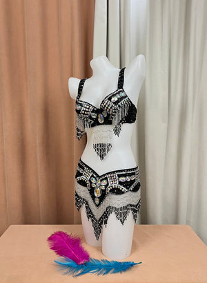Belly Dance Costume, Women's Black & Silver Beaded Sequin Rhinestone Bra and Belt Set, Professional Dancewear