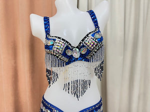 Belly Dance Costume Set, Women's Royal Blue Sequin & Beaded Bra and Belt, Fringe Embellished, Professional Performance Wear