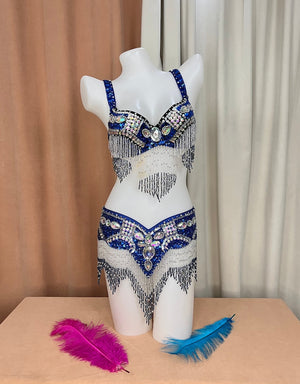 Belly Dance Costume Set, Women's Royal Blue Sequin & Beaded Bra and Belt, Fringe Embellished, Professional Performance Wear