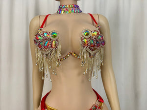 Women's Red and Gold Sequin Rhinestone Fringe Two-Piece Belly Dance Costume