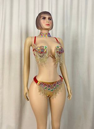 Women's Red and Gold Sequin Rhinestone Fringe Two-Piece Belly Dance Costume