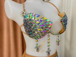 Women's Iridescent Rhinestone Sequin Bra Top and High-Waisted Briefs Set, Burlesque Dance