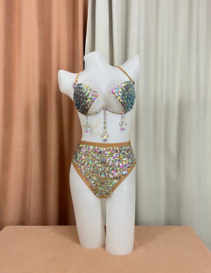 Women's Iridescent Rhinestone Sequin Bra Top and High-Waisted Briefs Set, Burlesque Dance