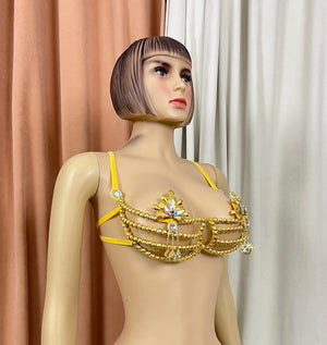 Dance Bra Top, Women's Yellow & Gold Bejeweled Chain Fringe Tribal Belly Dance Costume Top