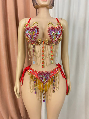 Women's Red & Gold Embellished Heart Dangle Chain Bra & Bottom Set, Samba/Carnival Dancewear