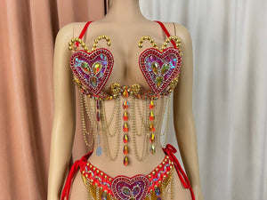 Women's Red & Gold Embellished Heart Dangle Chain Bra & Bottom Set, Samba/Carnival Dancewear