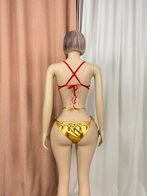 Women's Red & Gold Rhinestone Heart Embellished Chain Fringe Bra & Bottoms Set for Latin Dance