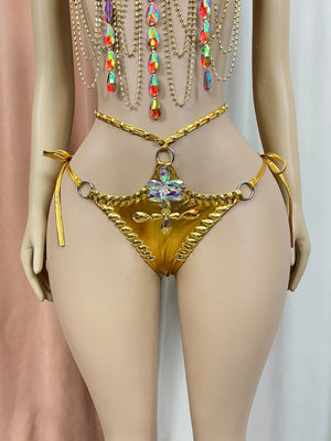 Women's Red & Gold Rhinestone Heart Embellished Chain Fringe Bra & Bottoms Set for Latin Dance