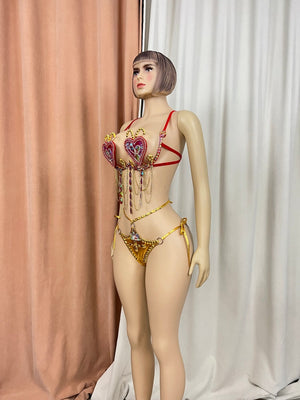 Women's Red & Gold Rhinestone Heart Embellished Chain Fringe Bra & Bottoms Set for Latin Dance