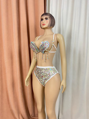 Women's White Iridescent Rhinestone Fringe Bra and High-Waist Briefs Two-Piece Set for Carnival Dance