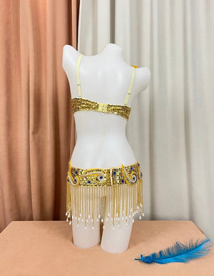Women's Gold & Blue Sequin Embellished Fringe Belly Dance Costume Set