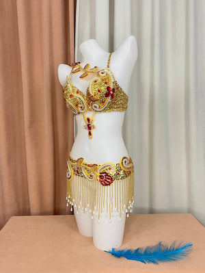 Women's Gold and Red Sequin Beaded Fringe Belly Dance Costume Set